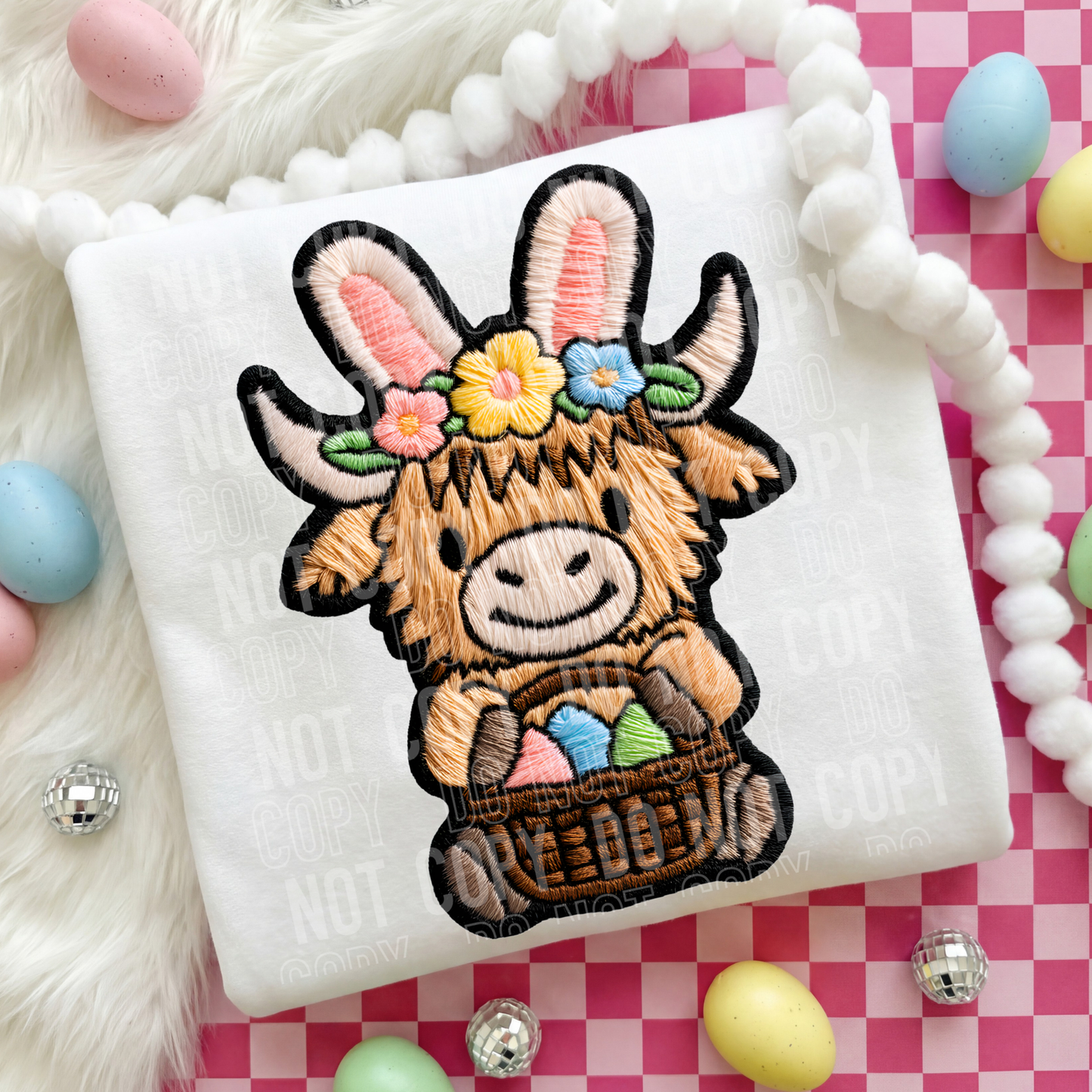 HIGHLAND COW FAUX EMBROIDERY EASTER TRANSFER