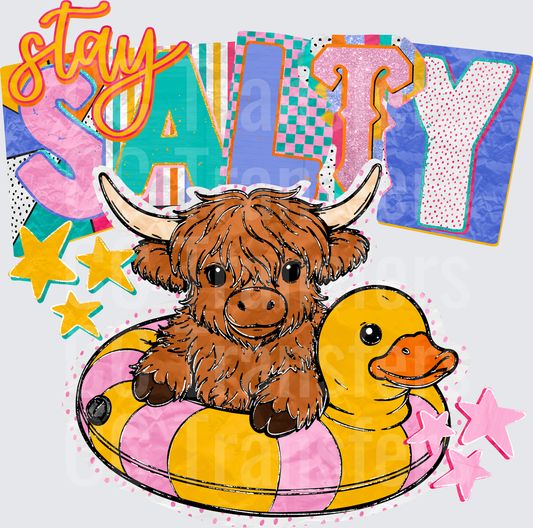 Stay Salty Highland Cow on Duck Float with Retro Letters